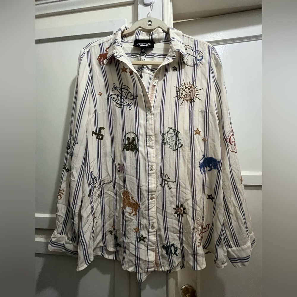 Johnny Was ARIANA BUTTON BACK striped silk shirt with zodiac embroidery size sm - Picture 10 of 16